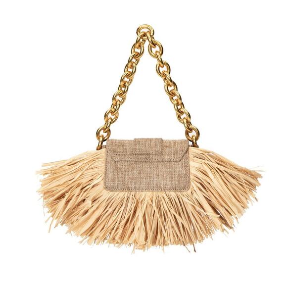 Micro Nia Bag in Beige Linen with Fringed Wicker and Gold Brass Hardware - Picture 5 of 15